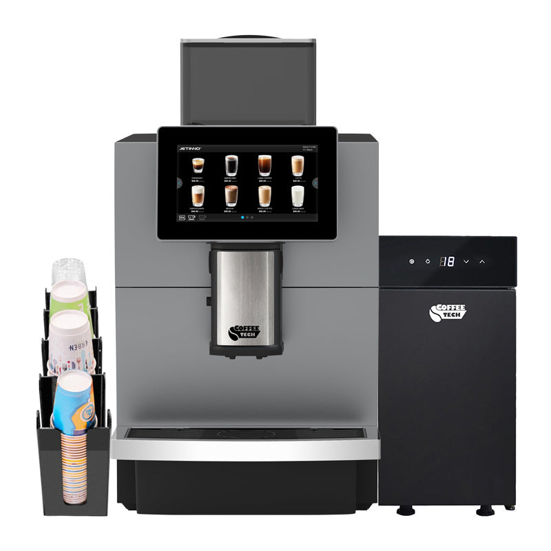 Coffeetech JL30 Tam Otomatik Kahve Makinesi, BC9CN Süt Soğutucu ve Karton Bardak Standı Hediyeli, espresso takip aynası